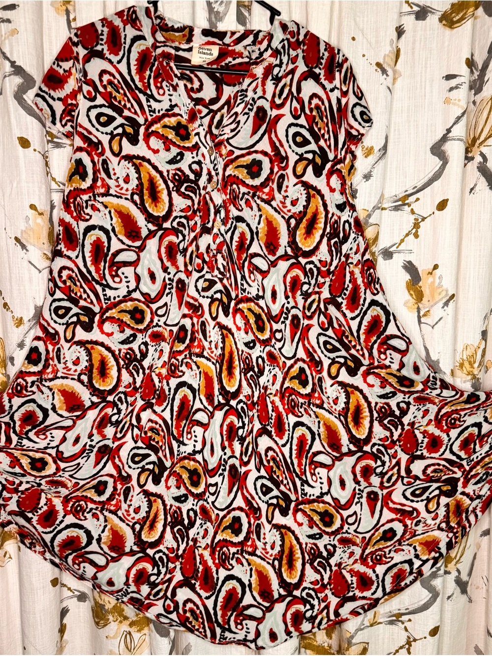 Seven Islands Lightweight Red Paisley Midi Dress Linen Feel Short Sleeve